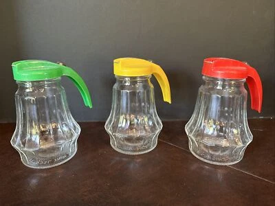 3 Vintage Federal Tool Corp Restaurant Glass Yellow/Green/Red SYRUP Dispensers - Image 1 of 4