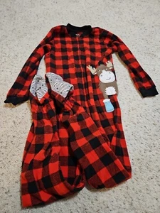 Boys Carter's Fleece Footed Pajamas - Size 10 - Red Buffalo Plaid with Moose - Picture 1 of 2