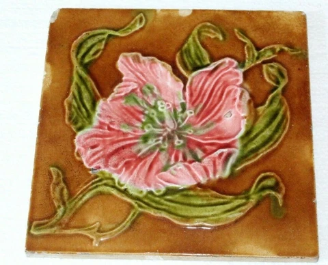 charming antique ENGLISH raised majolica pink flower DESIGN vintage tile Cover