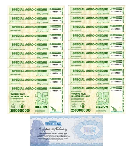 20 Zimbabwe 25 Billion Special Agro Cheque 2008 USED COA Cheaper 50 billion agro Cover