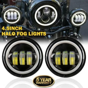 For Harley Motorcycle Pair 4.5" LED Fog Passing Lights w/ Angel Eyes Ring Lamp - Picture 1 of 12