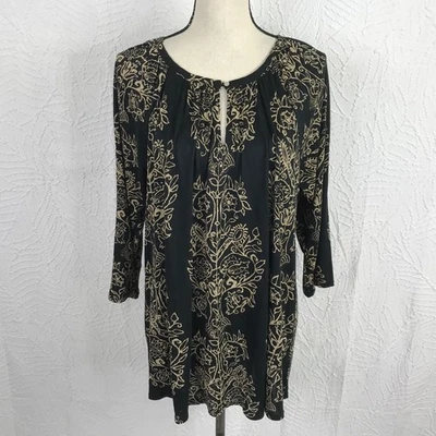 Camisa túnica Lucky Brand talla 1X manga 3/4 negra estampado floral tejido elástico Foto 1 de 4