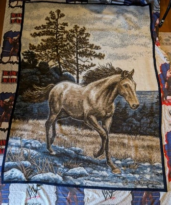 Biederlack Blanket Horses  Brown blue  Made in USA 53” x 70" VTG Reversible - Image 1 of 4