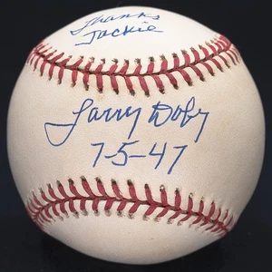 Larry Dobby Thanks Jackie 7-5-47 Signed Jackie Robinson Logo Baseball JSA COA - Picture 1 of 6