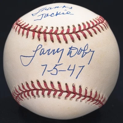 Larry Dobby Thanks Jackie 7-5-47 Signed Jackie Robinson Logo Baseball JSA COA - Image 1 of 4
