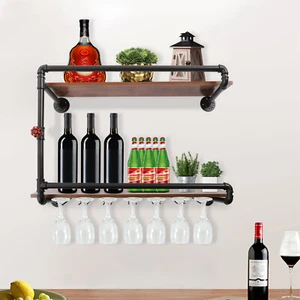 Retro 2 Tiers Wine Rack Wall Mounted Floating Rack 7 Wine Glass Hanging Holder - Picture 1 of 12