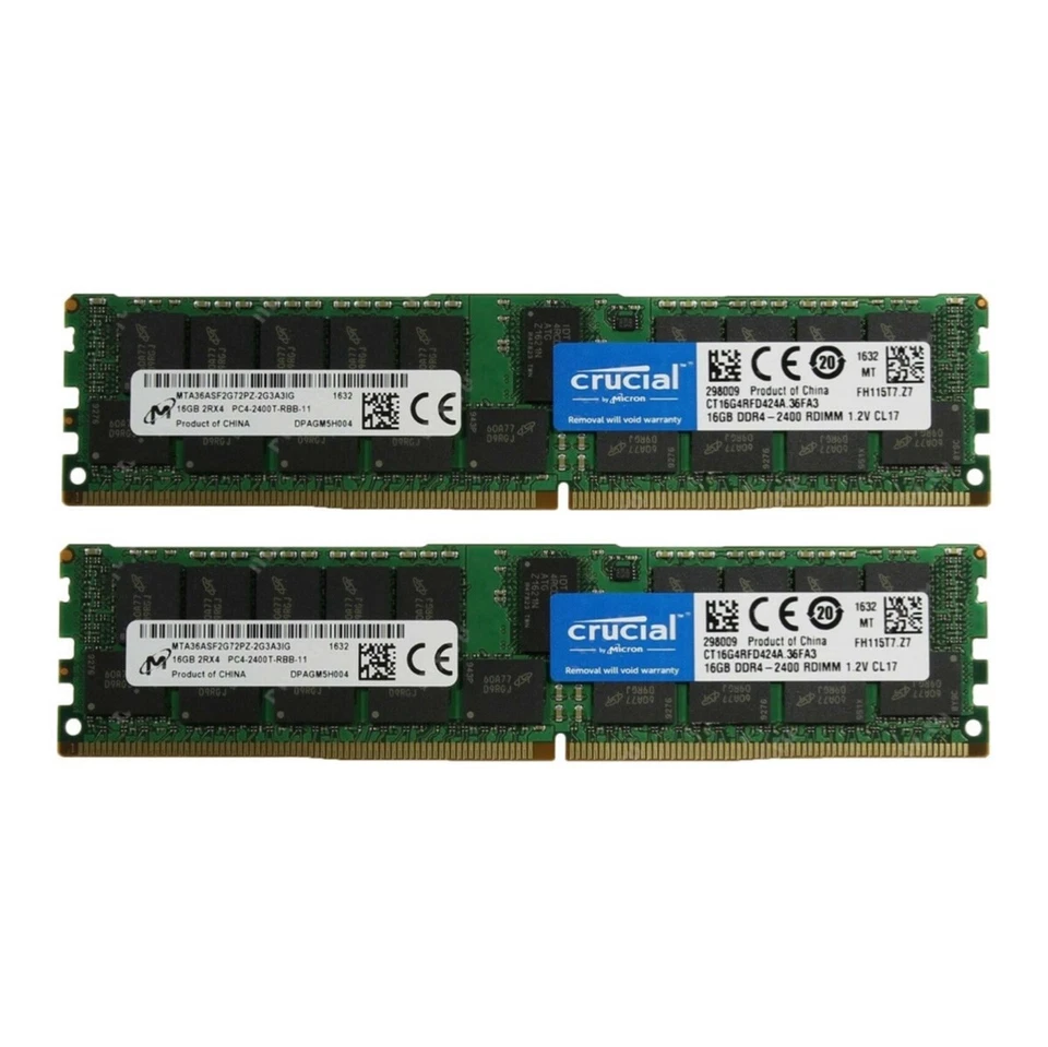 Crucial 32GB (2X 16GB ) DDR4 2400MHz PC4-19200 ECC Registered Ram CT16G4RFD424A - Image 1 of 3