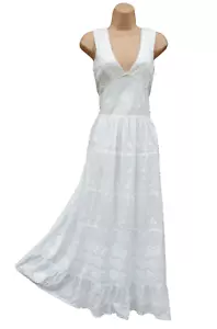 White Maxi Dress Summer Cotton Sequin Hand Embroidered Long One Size 14 16 18 - Picture 1 of 11