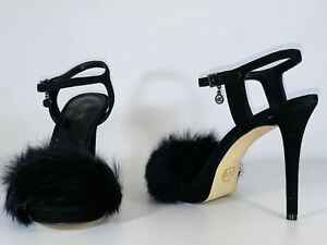 Michael Kors Faye Women Sandals Black Real Suede Rabbit Fur Strappy Stilettos 