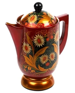 Vintage Hand Painted Khokhloma Russian USSR Wooden Red Floral Teapot w/ Lid 11" - Picture 1 of 6