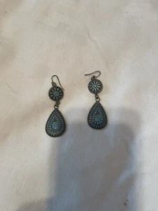 Gold Plated Turquoise Dangle Earrings 3” Length Indian Theme - Picture 1 of 9
