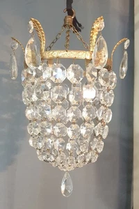 Beautiful Small Antique Vintage French Brass & Crystal Basket Bag Chandelier - Picture 1 of 11