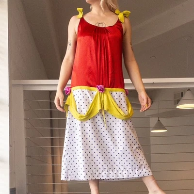 handmade upcyled drop waist maxi dress.  Red and black polka dotted satin on th - Image 1 of 4
