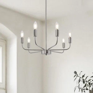 Silver Chandelier 6 Light Farmhouse Dining Room Rustic Pendant Fixture Kitchen - Picture 1 of 6