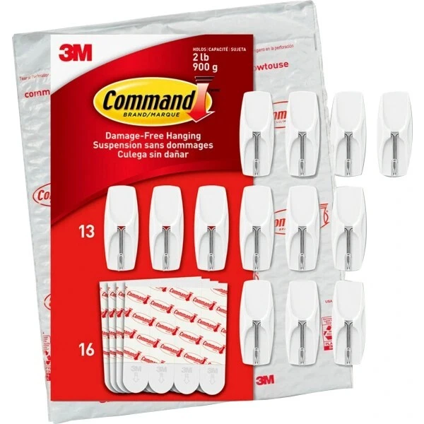3m 1706513 General Purpose Wire Hooks Medium 2 LB Cap White 13 Hooks and 16