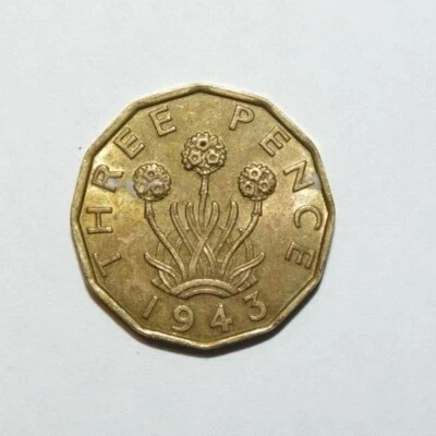 1943, moneda de tres peniques Gran Bretaña muy baja acuñada solo 1,3 mm acuñada de alta calidad Foto 1 de 3