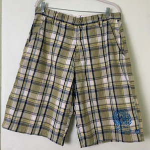 Indigo Milk Chino Shorts Men's 34 Lime Blue Yellow Plaid Cotton Blend - Picture 1 of 9
