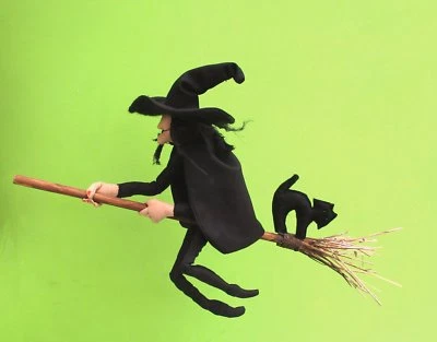 Witch cloth doll sewing pattern.  Mistress Cackle complete with broom and cat - Image 1 of 4
