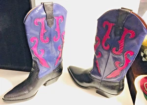 Vintage NWOB Ladies Nine West Cowboy Boots Black & Pink 6.5 M Made in Brazil - Picture 1 of 9