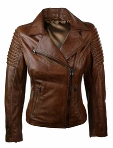 Woman Slim Fit Brown Genuine Real Leather Biker Jacket - Picture 1 of 4