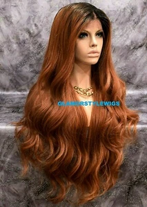 360 Free Part Human Hair Blend Lace Front Wig Long Wavy Ombre Brown Auburn - Picture 1 of 10