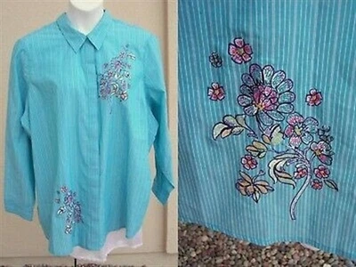 Blair 全新刺绣衬衫上衣大码 3X 3XL 花卉水绿色白色条纹罩衫 — 第 1/4 张图片