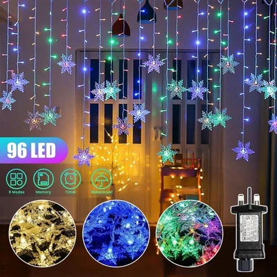Christmas LED Curtain Snowflake Lights Window String Fairy Waterproof Decor Xmas - Image 1 of 4