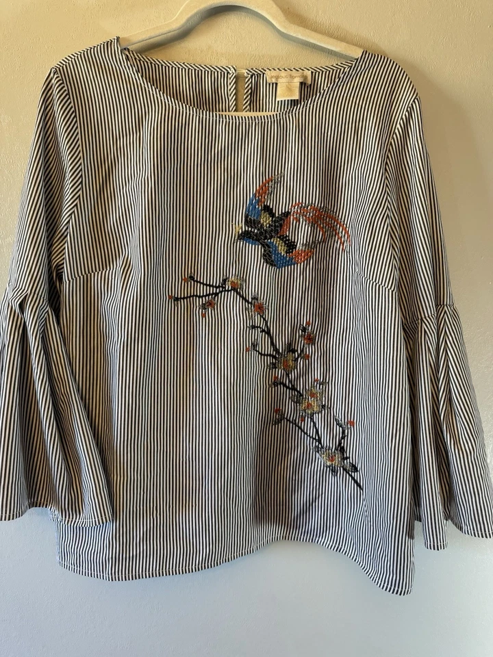 Blusa bordada listrada de tomate com mangas de sino tamanho XL - Imagem 1 de 4