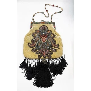 MARY FRANCES Vintage Art Deco Velvet Beaded Handbag Ornate Frame Tassel Gold - Picture 1 of 3