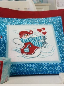 Blustery Day Pillow Snowman Counted Cross Stitch Pattern Book Pages - Picture 1 of 3