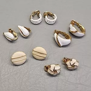 Trifari Clip On Earring Lot of 5 Hoop White Enamel Gold Tone 1/2" - 3/4" - Picture 1 of 14