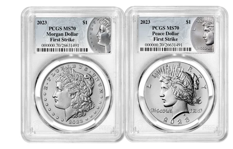 2023 Morgan & Peace Silver Dollar 2 Coin Set PCGS MS70 FIRST STRIKE With Box/COA Cover