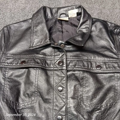 Newport News Jeanology Chaqueta de Cuero Mujer 12 Negro Abrigo de Bombardero a Presión Forrado Foto 1 de 4