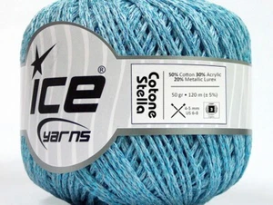 Cotone Stella Light Blue 55296 Ice Yarns DK Cotton Metallic Yarn 50gr 131yds - Picture 1 of 6