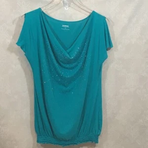 Top de mujer Express cuello drapeado turquesa tachuelas en tono plateado peso de ensueño algodón S - Imagen 1 de 5