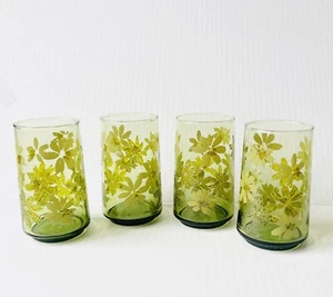 Vintage Set Of 4 60’s Avocado Green Daisy Flower Textured Drinking Glasses 4.75” - Picture 1 of 2