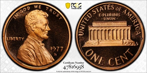 1977 S 1C LINCOLN MEMORIAL CENT PENNY PCGS PR68RD DCAM w/ Gold Shield &TrueView Cover
