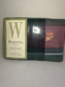 Vintage Wamsutta King Fitted Sheet Tyler Hunter Plaid Y2K 90s New USA Green Burg - Picture 1 of 7