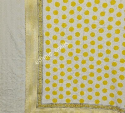 Polka Dot Yellow Print Cotton Kantha Quilt Throw Reversible Hand Block Boho Quil - Image 1 of 4