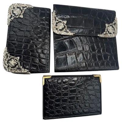 Винтажный черный кожаный крок стиль складного бумажника держатель карты набор лот серебряный акцент - Изображение 1 из 4