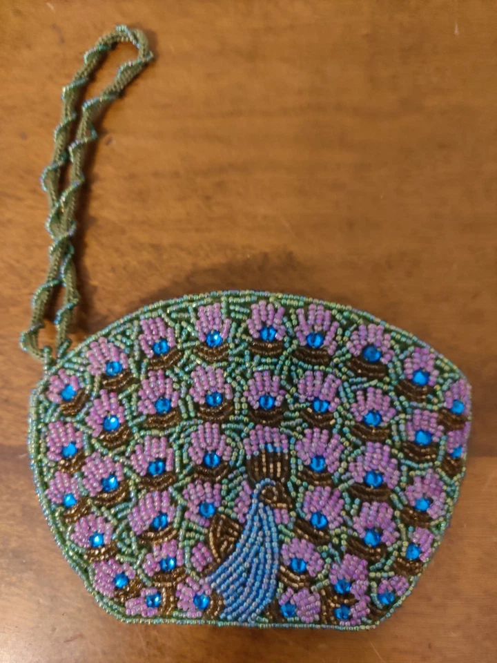 Bolsa de moedas com miçangas pesadas pavão desenhos de jade estilo vintage - Imagem 1 de 4