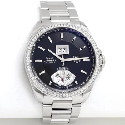 Reloj para hombre TAG Heuer Grand Carrera GMT WAV5115 automático esfera negra diamantes SS Foto 1 de 4