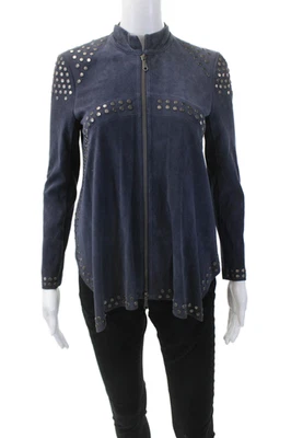 Rebecca Minkoff Womens Front Zip Crew Neck Suede Studded Jacket Navy Size XS - Image 1 of 4