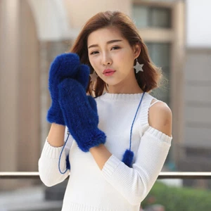 Women's Double Side Fur Real Mink Fur Gloves Knitted Elastic Mittens W String - Picture 1 of 11