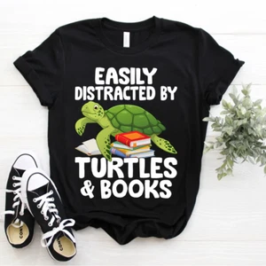 bookworm librarian Easily Distracted By Turtles And Books T-Shirt - Picture 1 of 5