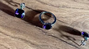 3 Teile Schmuck Set Silber Modeschmuck Damenschmuck Ring Ohrringe Lila - Bild 1 von 1