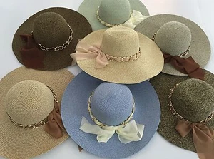 Fancy Ribbon Jewel Church Straw Grass Packable Wide Brim Floppy SPF50 Womens Hat - Picture 1 of 6