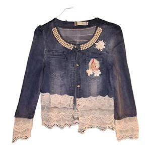 LXXY Denim Jacket Women's XS Or Girl's M Lace Pearls Vintage Flower Embellished - Picture 1 of 9