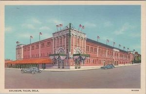 c1930s Coliseum Tulsa Oklahoma autos US flags linen E378 - Picture 1 of 2