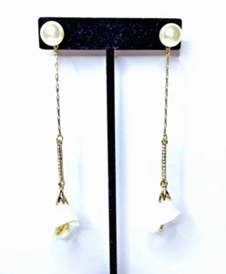 Gold Tone Faux Pearl Dangle Calla Lily Earrings Rhinestone Shoulder Dusters - Picture 1 of 7